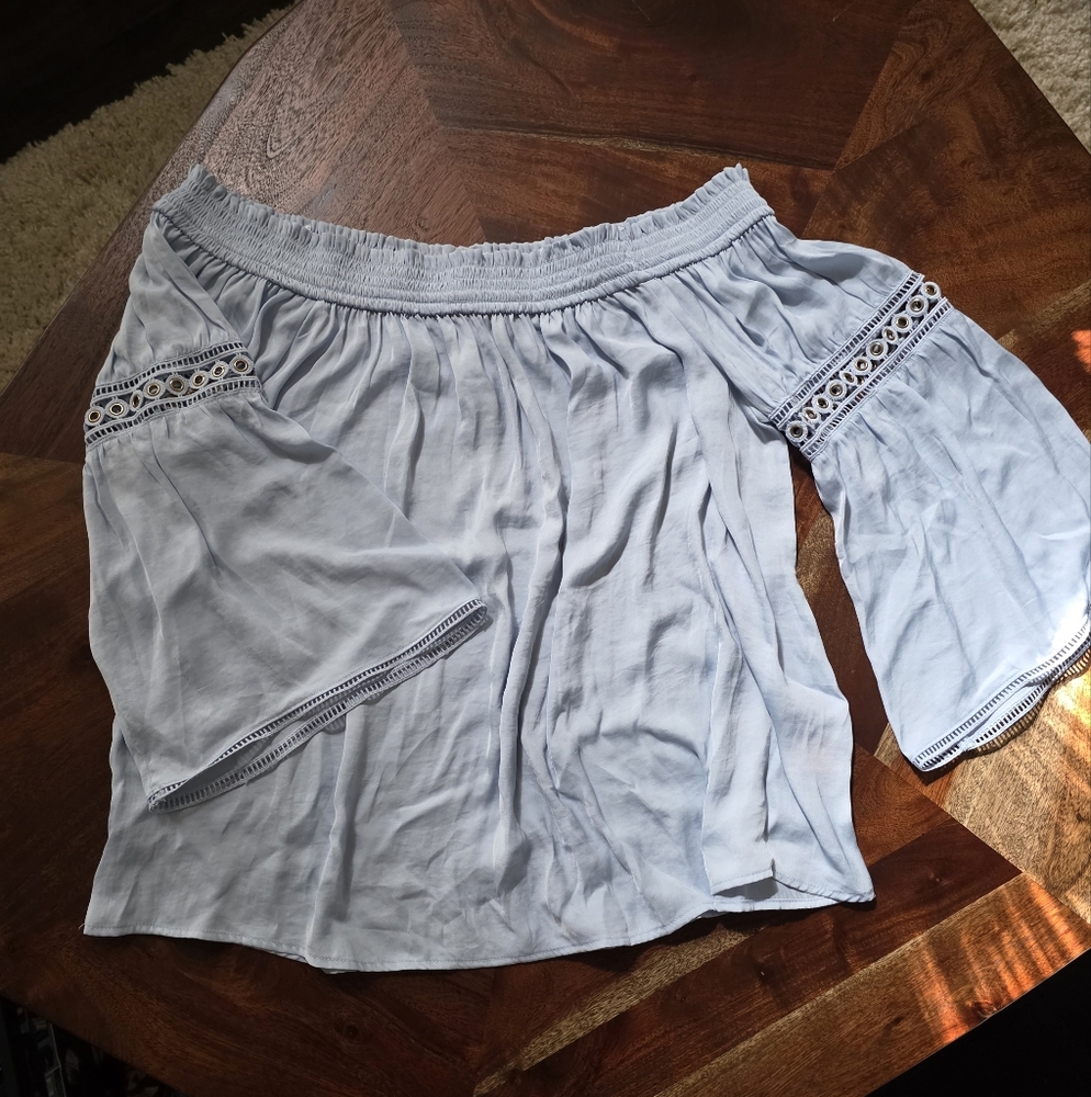 Jennifer Lopez Sky Blue Off The Shoulder Blouse With Lace Trim